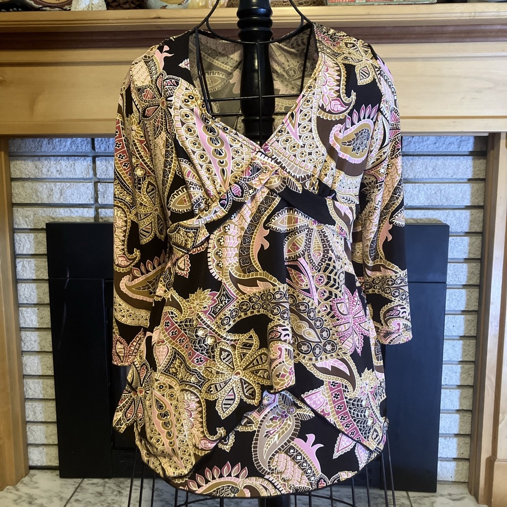 Y2K JTB Blouse Size L Boho Paisley Whimsical‎ Pink & Brown Fairycore Peasant Top